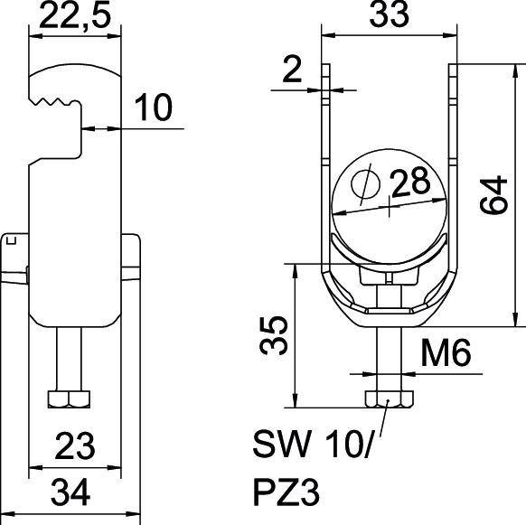 Rysunek techniczny okucia metalowego z wymiarami w milimetrach. Szerokość 34, wysokość 64, śruba M6, klucz SW 10/PZ3.