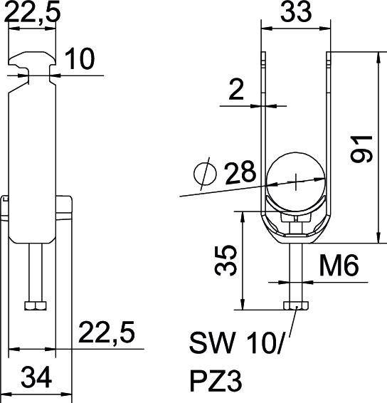 Rysunek techniczny elementu z wymiarami. Widok główny przedstawia strukturę cylindryczną o wymiarach 91x22,5 mm z mocowaniem gwintowym M6.