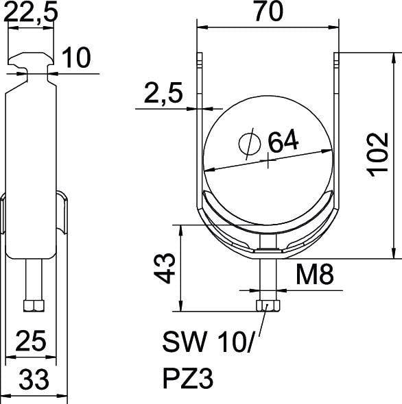 Rysunek techniczny koła z wymiarami: średnica 64 mm, wysokość całkowita 102 mm. Otwór M8, szerokość klucza SW 10/PZ3.