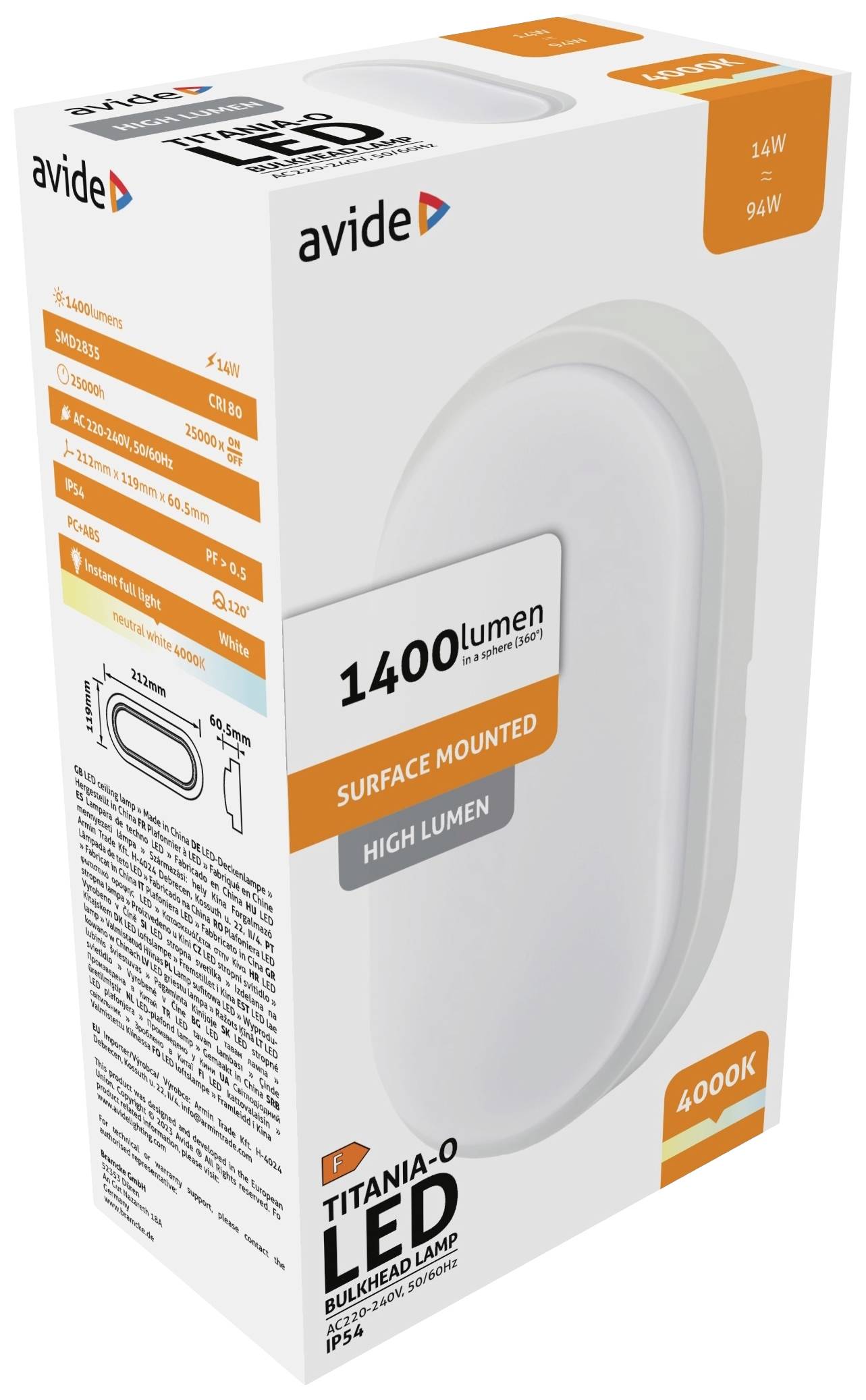 Opakowanie oprawy LED 'Titania-O' firmy Avide o mocy 1400 lumenów, temperatura barwowa 4000K. Nadaje się do montażu naściennego lub sufitowego, stopień ochrony IP54.