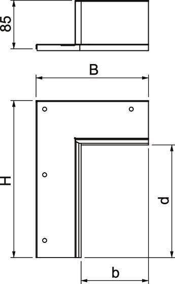 Rysunek techniczny kątownika metalowego z wymiarami: wysokość (H), szerokość (B), występ (d), szerokość dolna (b), wysokość lewa (85).