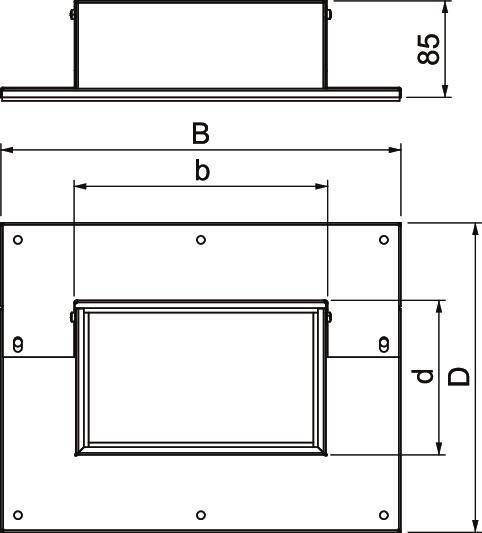 Rysunek techniczny prostokątnej kratki wentylacyjnej z wymiarami B, b, d i D oraz wysokością 85 mm.