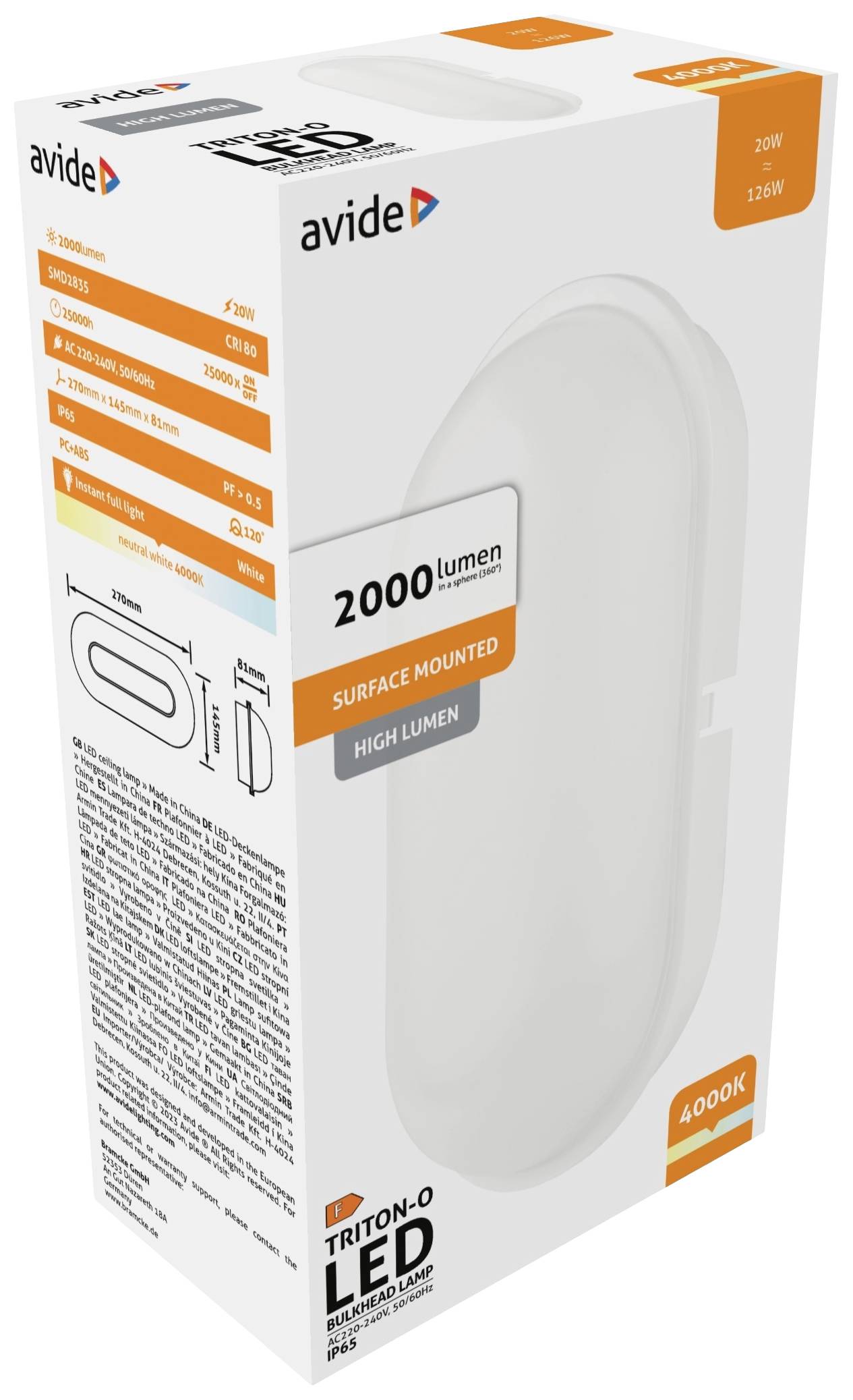 Oprawa LED firmy Avide, model 'Triton-O'. Jasna wydajność świetlna wynosząca 2000 lumenów, montowana natynkowo, kolor 4000K. Opakowanie zawiera szczegółowe informacje.