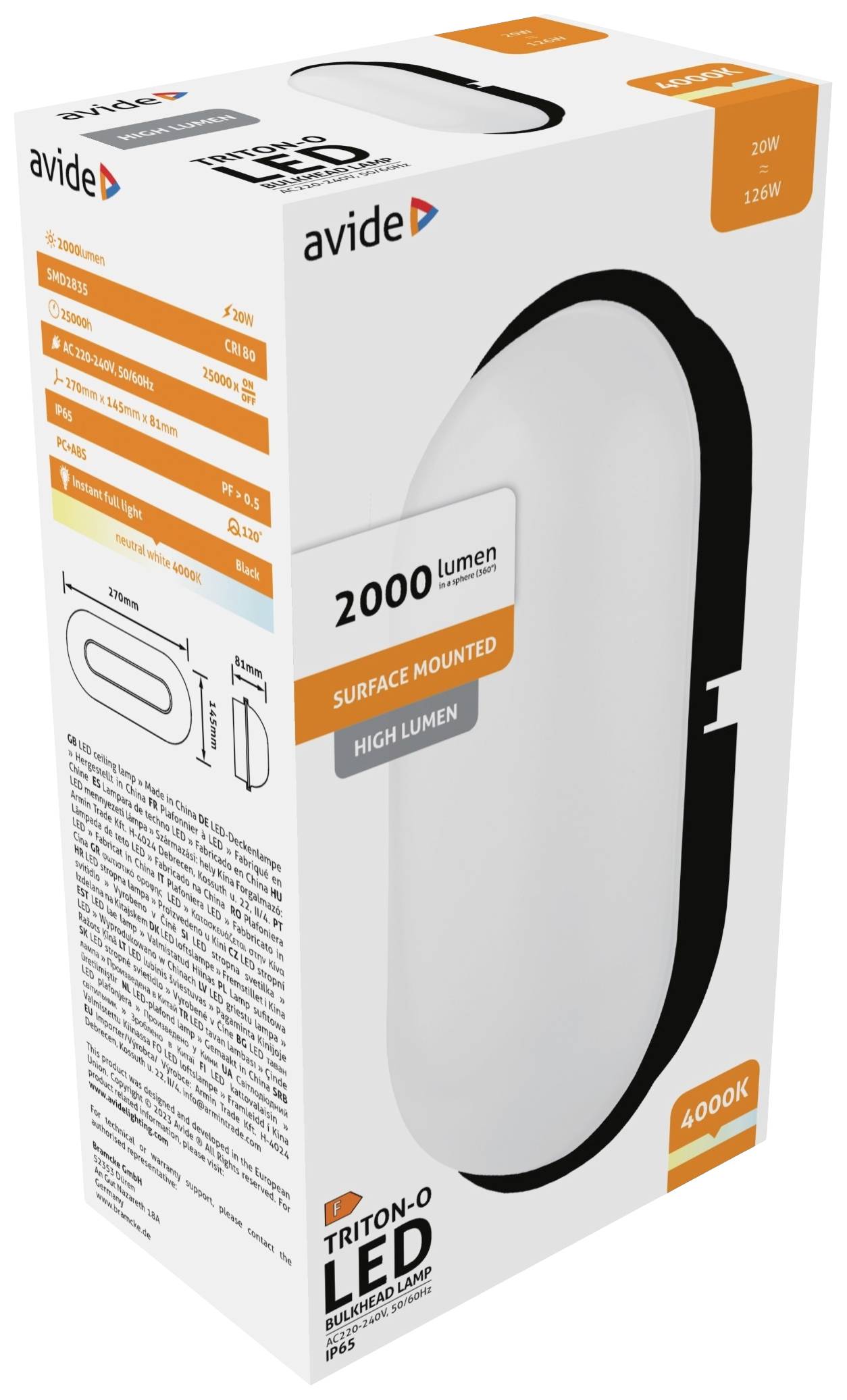 Opakowanie oprawy LED firmy avide, model: TRITON-O, 18W, 2000 lumenów, 4000K, energooszczędna, nadająca się do montażu powierzchniowego.