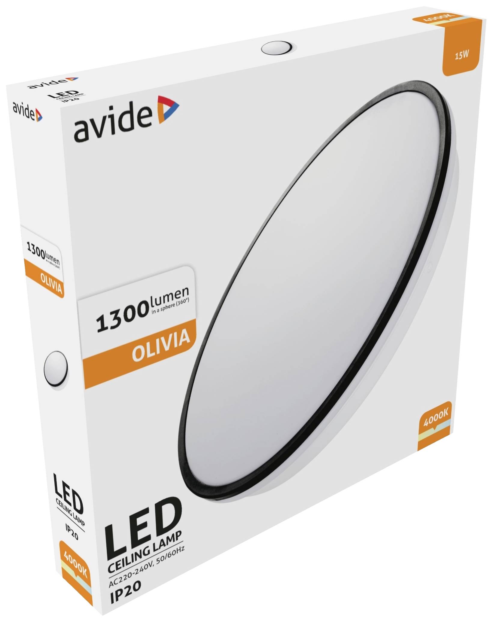 Opakowanie lampy sufitowej LED o mocy 1300 lumenów, model 'OLIVIA', 15W, 4000K, IP20.