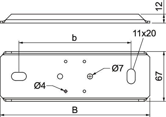 Rysunek techniczny prostokątnego elementu metalowego, przedstawiający wymiary, średnice otworów Ø4, Ø7 oraz otwory podłużne 11x20. Szerokość b, wysokość 67, całkowita długość B.