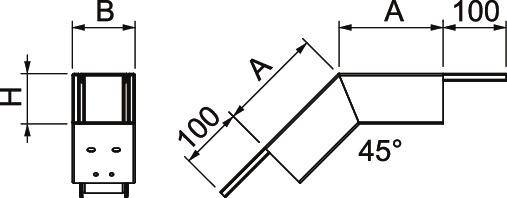 Rysunek techniczny kąta o nachyleniu 45 stopni, wymiary: wysokość (H), szerokość (B), dwa odcinki o długości 100 mm każdy.
