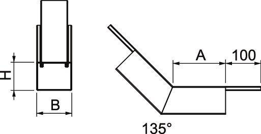 Rysunek techniczny: Profil kątowy o kącie 135°. Wymiary: Szerokość (B), Wysokość (H), A=100mm. Widok z boku i widok z góry.