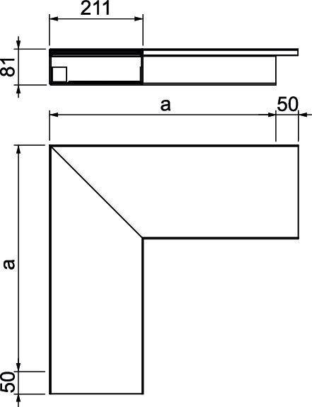 Rysunek techniczny kątownika L-kształtnego o wymiarach: 211 mm długości, 81 mm wysokości, 50 mm szerokości.