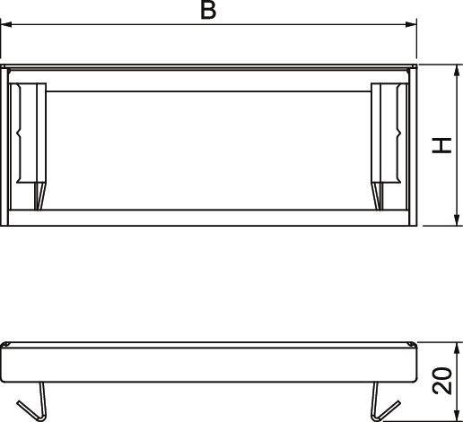 Rysunek techniczny prostokątnego obiektu. Widok z góry na górze, z szerokością 'B' i wysokością 'H' jako wymiarami. Poniżej widok z boku z wysokością 20.