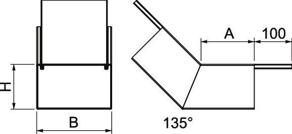 Rysunek techniczny kąta z wymiarami: 'A', 'B', 'H' oraz kątem 135 stopni. Linia pozioma ma długość 100 jednostek.