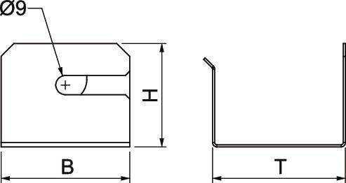 Rysunek techniczny elementu z widokiem z przodu i z boku. Wymiary B, H i T są podane. Widoczny otwór o średnicy Ø9 w lewym górnym rogu.
