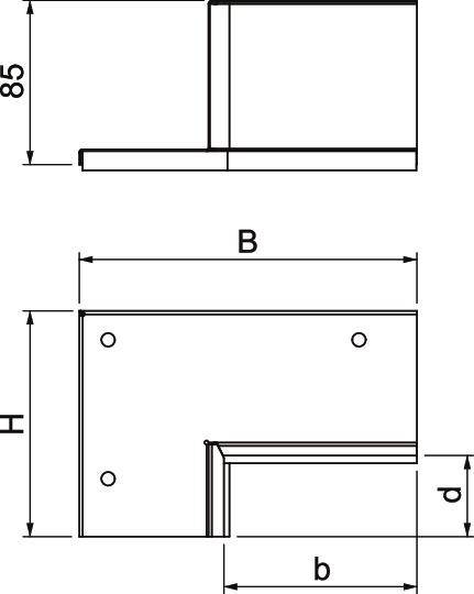 Rysunek techniczny kątownika L-kształtnego z wymiarami: wysokość 85, szerokość B, wysokość H, szerokość b, grubość d; otwory oznaczone.