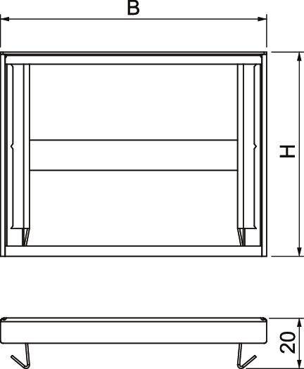 Rysunek techniczny prostokątnej metalowej ramy o wymiarach B i H z dołączoną widokiem z boku.