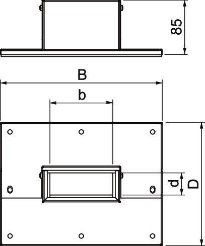 Rysunek techniczny prostokątnego elementu metalowego z wymiarami. Widok z góry przedstawia dwie szerokości 'B' i 'b', widok z boku wysokość '85'.