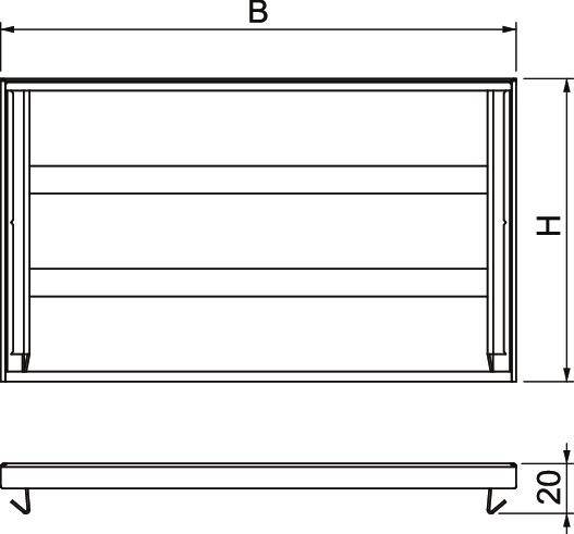 Rysunek techniczny prostokątnej półki ściennej o szerokości 'B', wysokości 'H' i głębokości 20 cm.
