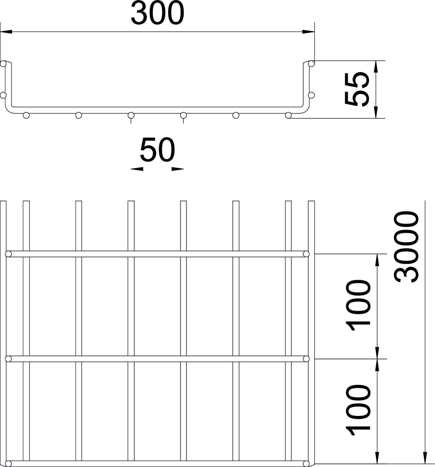 'Techniczna ilustracja kraty o wymiarach: szerokość 300 mm, wysokość 55 mm, pręty pionowe rozmieszczone co 50 mm, całkowita wysokość 3000 mm.'