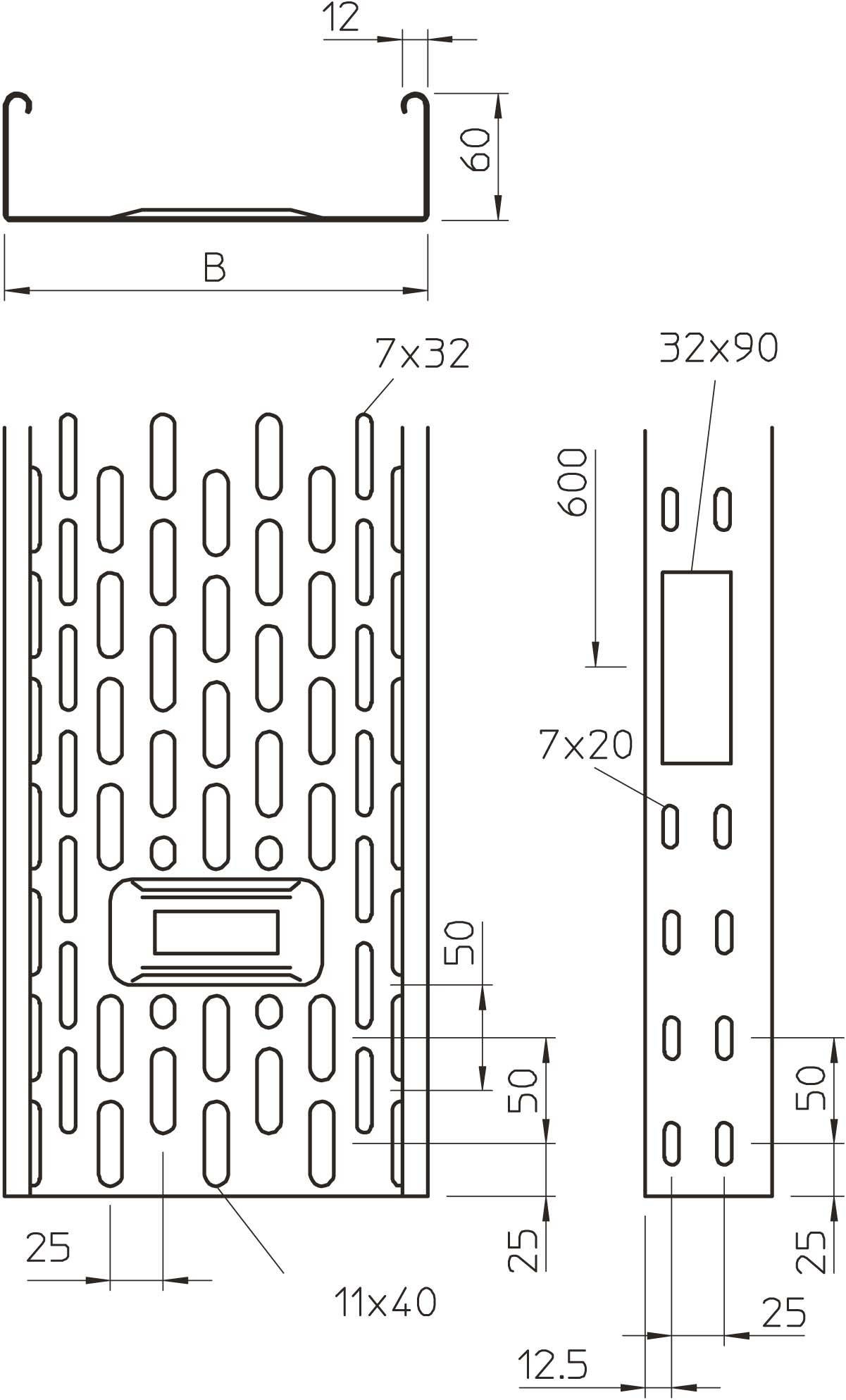 Rysunek techniczny profilu metalowego z wzorem otworów, wymiarowaniem i widokiem przekroju. Kluczowe wymiary: szerokość 60 mm, wysokość 50 mm.
