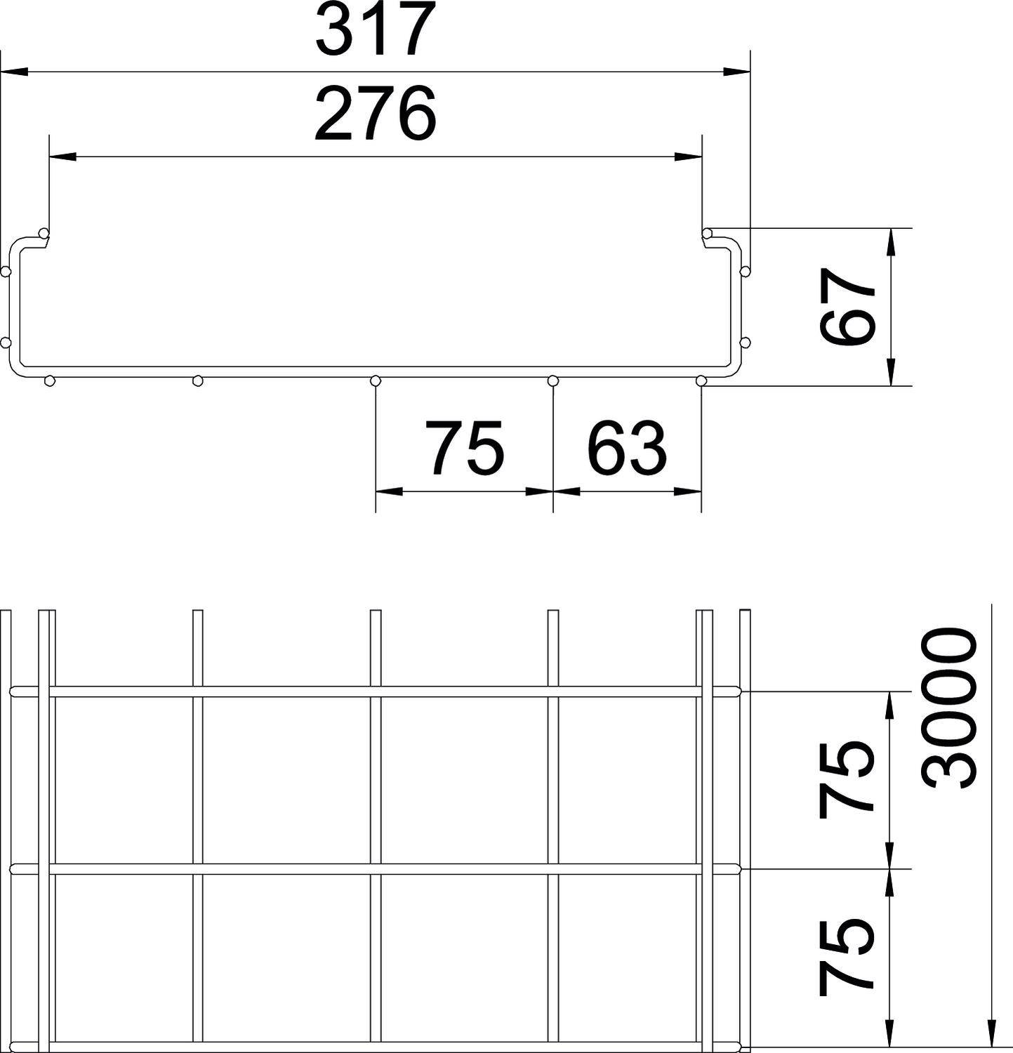 Schematyczny rysunek belki stalowej o przekroju 317x67 mm, długości 3000 mm. Przedstawia również rozstaw podpór.