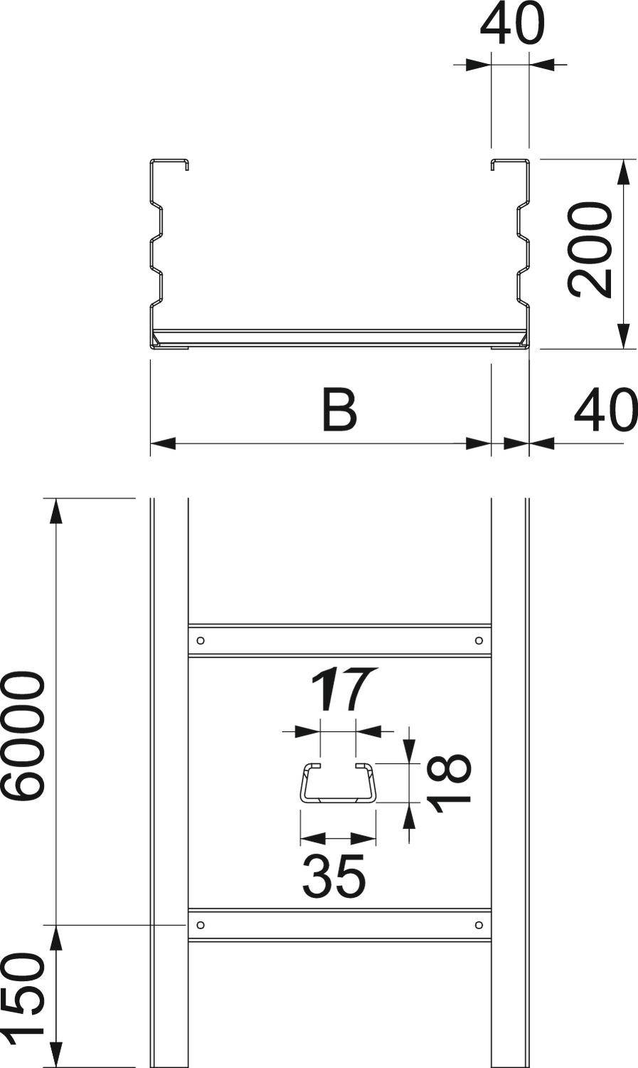 Rysunek techniczny struktury metalowej z wymiarami: szerokość (B), wysokość 6000 mm, głębokość 150 mm, szczegóły elementów mocujących.