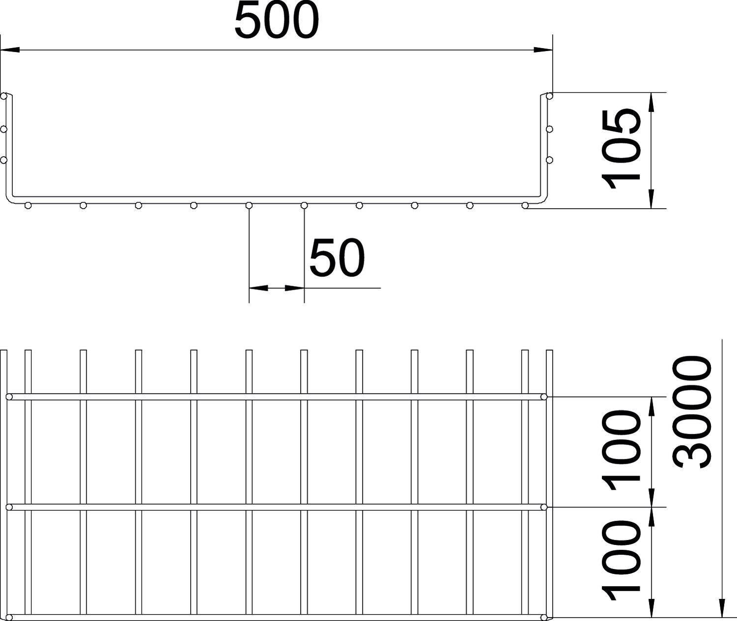 Rysunek techniczny ogrodzenia z wymiarami: szerokość 500 mm, wysokość górna 105 mm, wysokość całkowita 3000 mm. Słupki pionowe rozmieszczone co 100 mm.