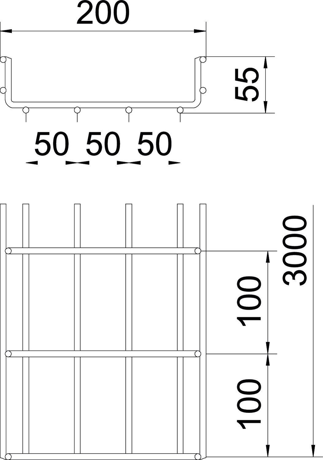 'Rysunek techniczny metalowego ogrodzenia. Na górze: przekrój z wymiarami, szerokość 200 mm, wysokość 55 mm. Na dole: wymiary całkowite 3000 mm x 100 mm.'