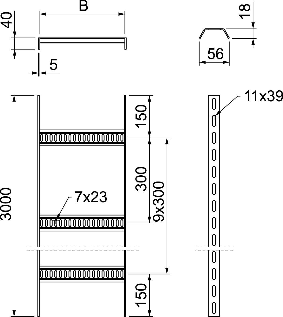 Szczegółowy rysunek techniczny regału z wymiarami: wysokość 3000 mm, szerokość zmienna, głębokość 300 mm. Wraz z widokami szczegółowymi.