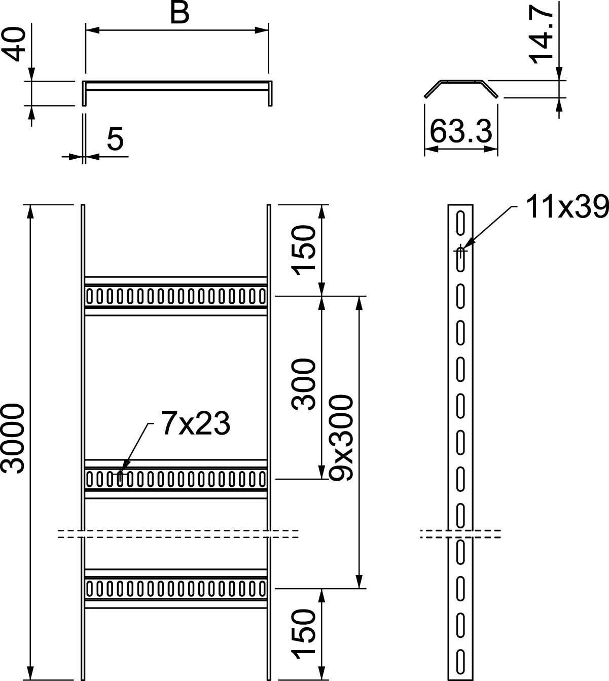 Rysunek techniczny regału z wymiarami: wysokość 3000 mm, szerokość 150 mm, głębokość 40 mm. Profile metalowe, otwory na półki.