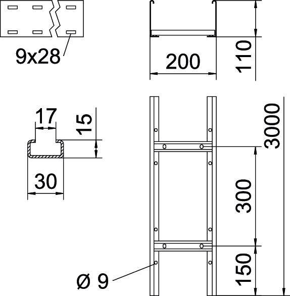 Rysunek techniczny drabiny z wymiarami: wysokość 3000 mm, szerokość 300 mm; poprzeczne szczeble w odległości 150 mm; przekrój profilu 30x15 mm.