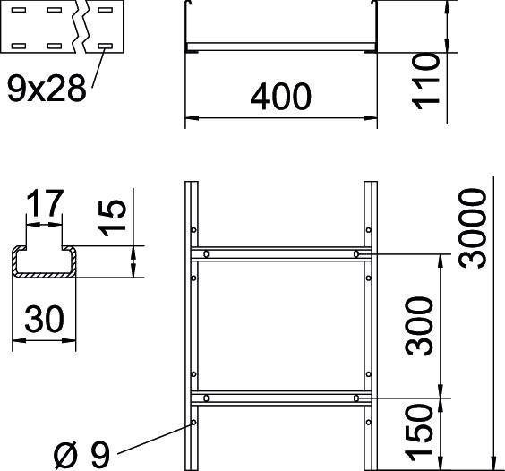 Rysunek techniczny regału z wymiarami: 400x110x3000 mm. Widok szczegółowy przedstawia grubość materiału, średnicę otworów oraz poprzeczki.