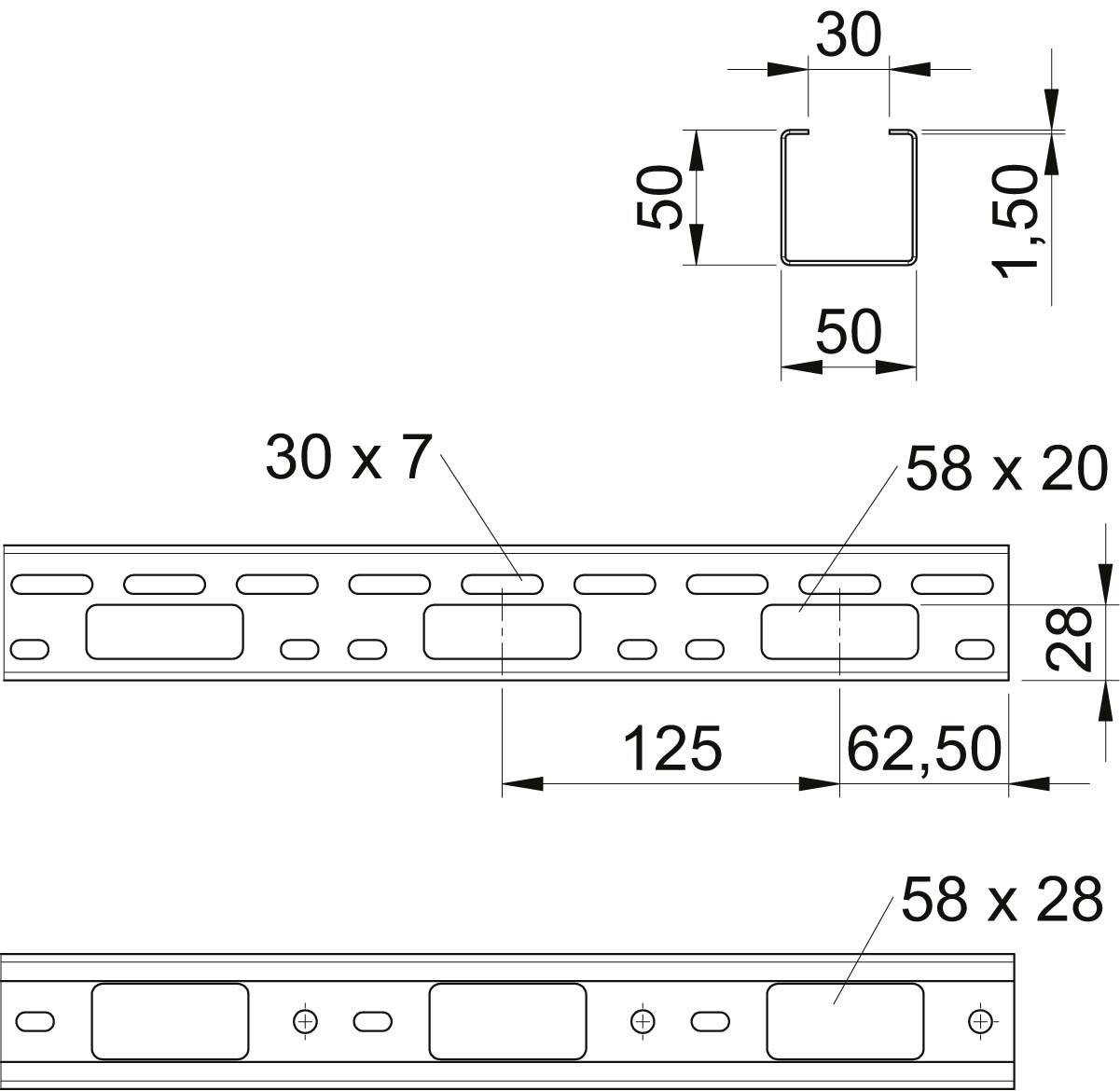 Rysunek techniczny profilu metalowego z wymiarami. U góry: przekrój kwadratowy 50x50 mm, grubość 1,5 mm. Na dole: profil prostokątny z wzorem otworów, 58x28 mm.