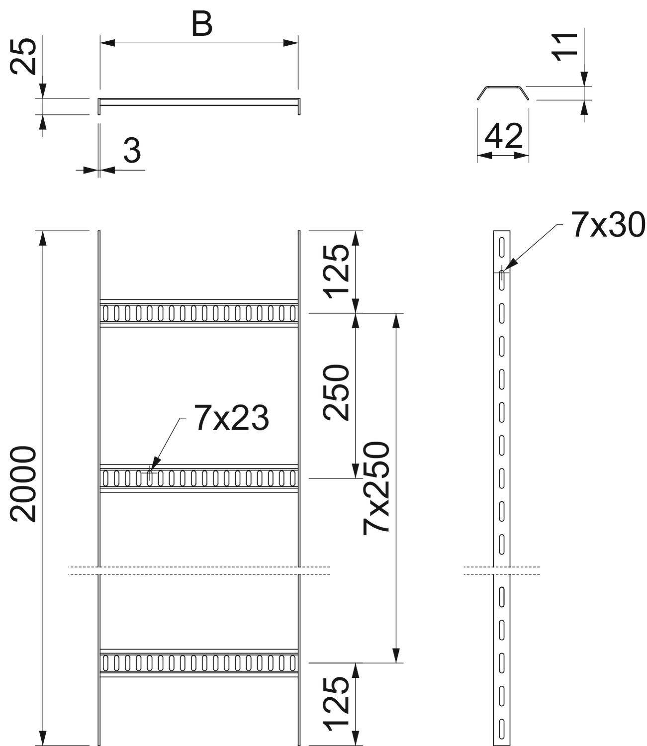 Rysunek techniczny regału z wymiarami: wysokość 2000 mm, szerokość B, głębokość 250 mm, odstęp między półkami 125 mm, punkty mocowania '7x30'.