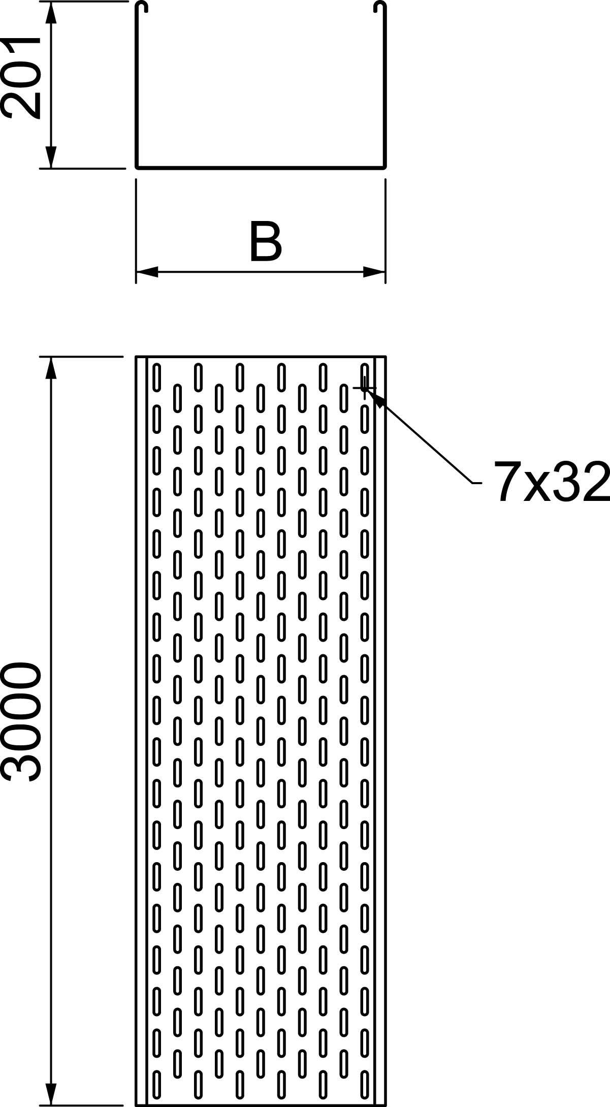 'Rysunek techniczny profilu metalowego z wymiarami: wysokość 201 mm, szerokość 'B'. Układ otworów: 7 x 32 mm, długość 3000 mm.'