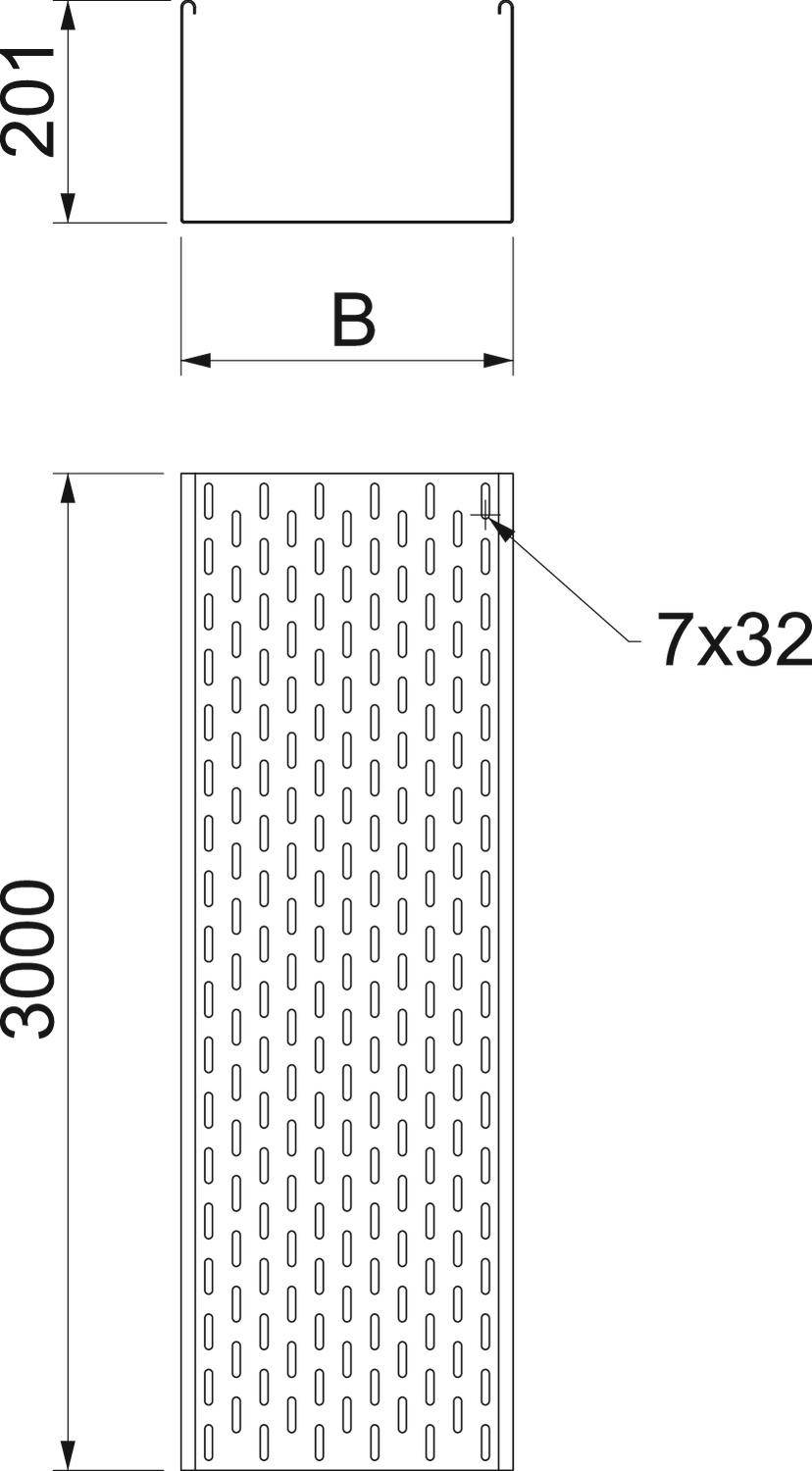 Schemat perforowanej płyty metalowej, długość 3000 mm, szerokość 201 mm. Otwory: 7x32 mm. Górna sekcja przedstawia przekrój poprzeczny.