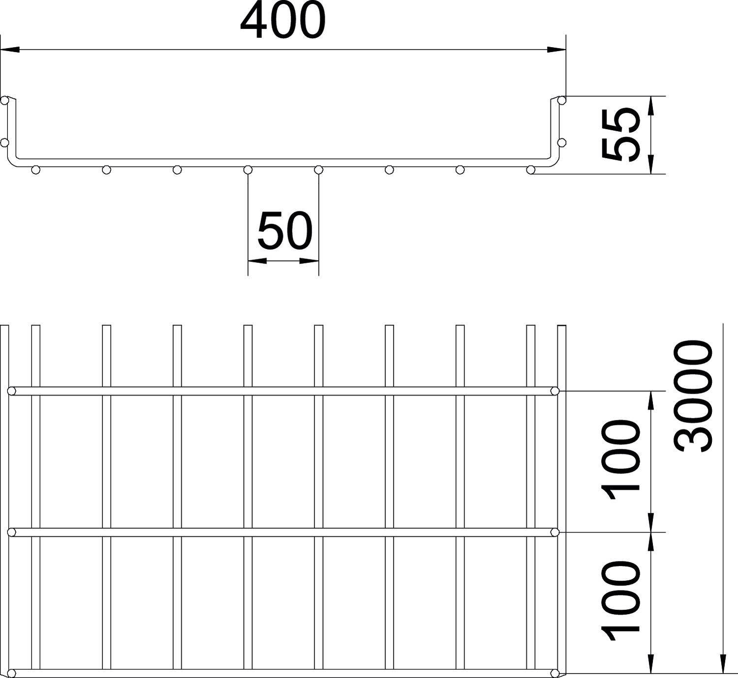 Rysunek techniczny regału metalowego z widokiem z boku i z przodu. Wymiary: 400 mm szerokości, 55 mm głębokości, 3000 mm wysokości.