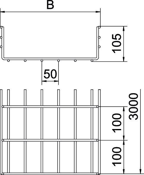 'Widok z góry i przekrój poprzeczny konstrukcji płotu. Wysokość 3000 mm, szerokość B, rozstaw desek 100 mm, wysokość deski 105 mm.'