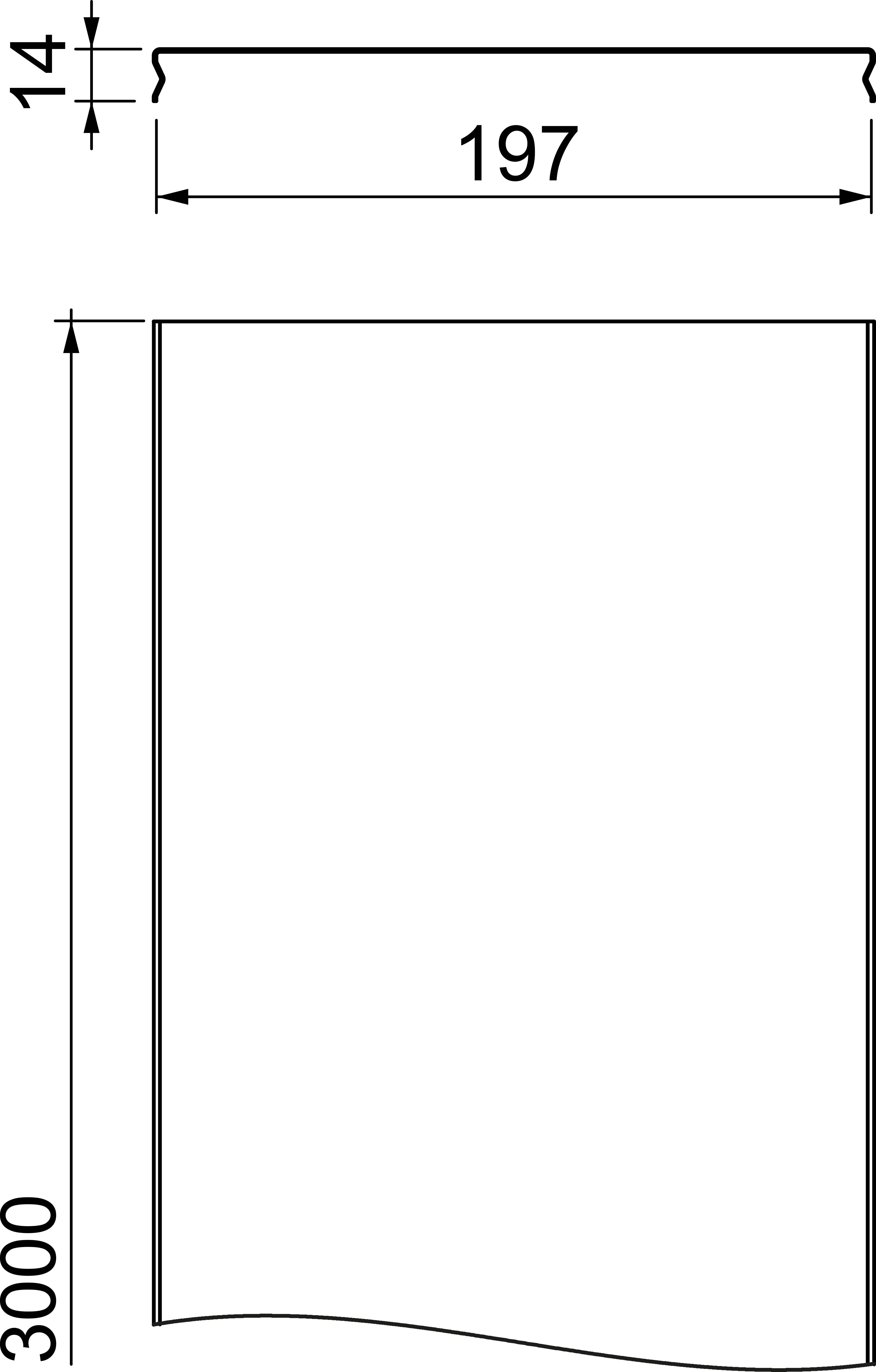 Rysunek techniczny prostokątnego obiektu. Góra: szerokość 197 mm, lewa strona: wysokość 3000 mm oraz grubość 14 mm.