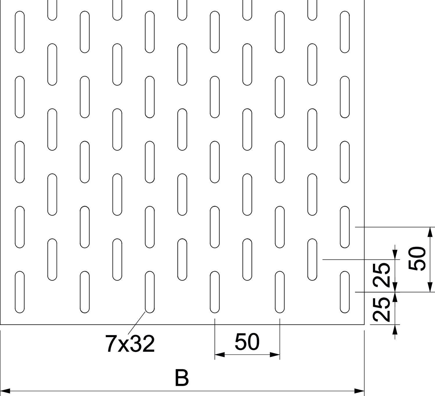 Diagram płyty metalowej z podłużnymi otworami. Wymiary: szczeliny 7x32 mm, odległość między szczelinami a krawędziami 50 mm i 25 mm.