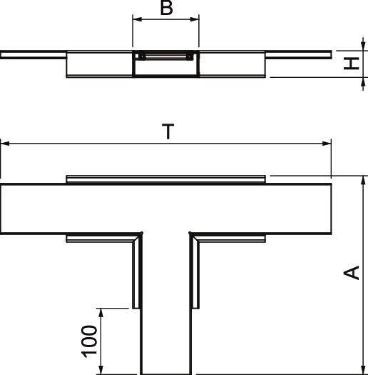 Rysunek techniczny trójnika z podanymi wymiarami B, H, T oraz A. Przedstawia widok z góry i z boku. Wartość A wynosi 100 mm.