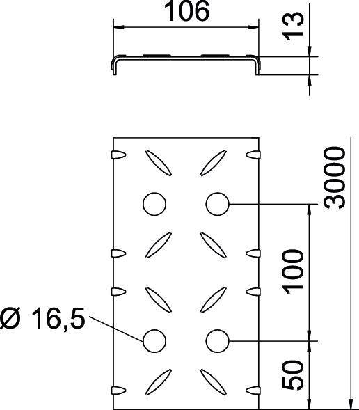 Rysunek techniczny prostokątnego profilu metalowego. U góry przekrój poprzeczny z wymiarami 106x13 mm. Po prawej stronie widok wzdłużny: długość 3000 mm, średnica otworu 16,5 mm, rozstaw otworów 100 mm.