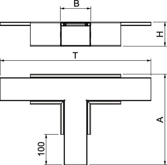Diagram techniczny w kształcie litery 'T' z oznaczeniami: Wysokość (H), Szerokość (B), Głębokość (T) oraz dolna wysokość (A). U dołu po lewej stronie zaznaczone 100.