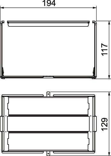 Rysunek techniczny dwóch prostokątnych obiektów. Góra: wymiary 194 x 117 mm, dół: wysokość 129 mm.