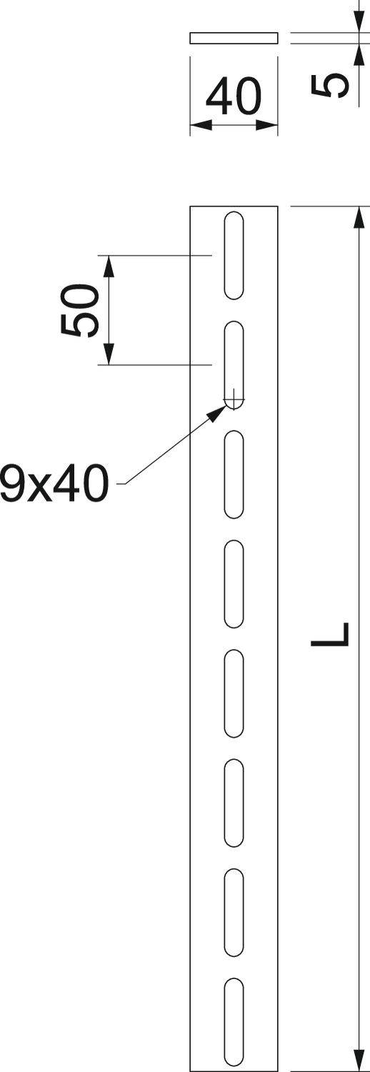Rysunek techniczny prostokątnego profilu metalowego z wyciętymi owalnymi otworami o wymiarach 9x40 mm, rozstaw między otworami wynosi 50 mm.