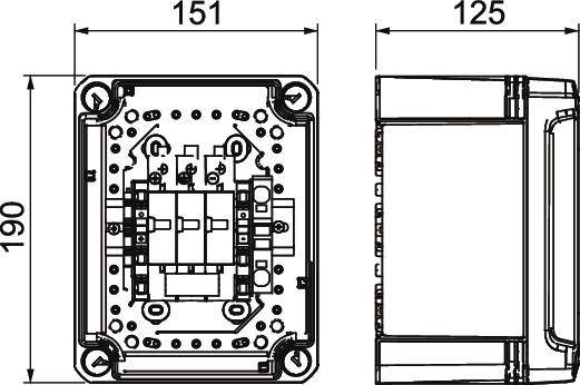 Rysunek techniczny urządzenia elektrycznego o wymiarach 190x151x125 mm. Przedstawia widok z przodu i z boku wraz ze szczegółami komponentów wewnętrznych.