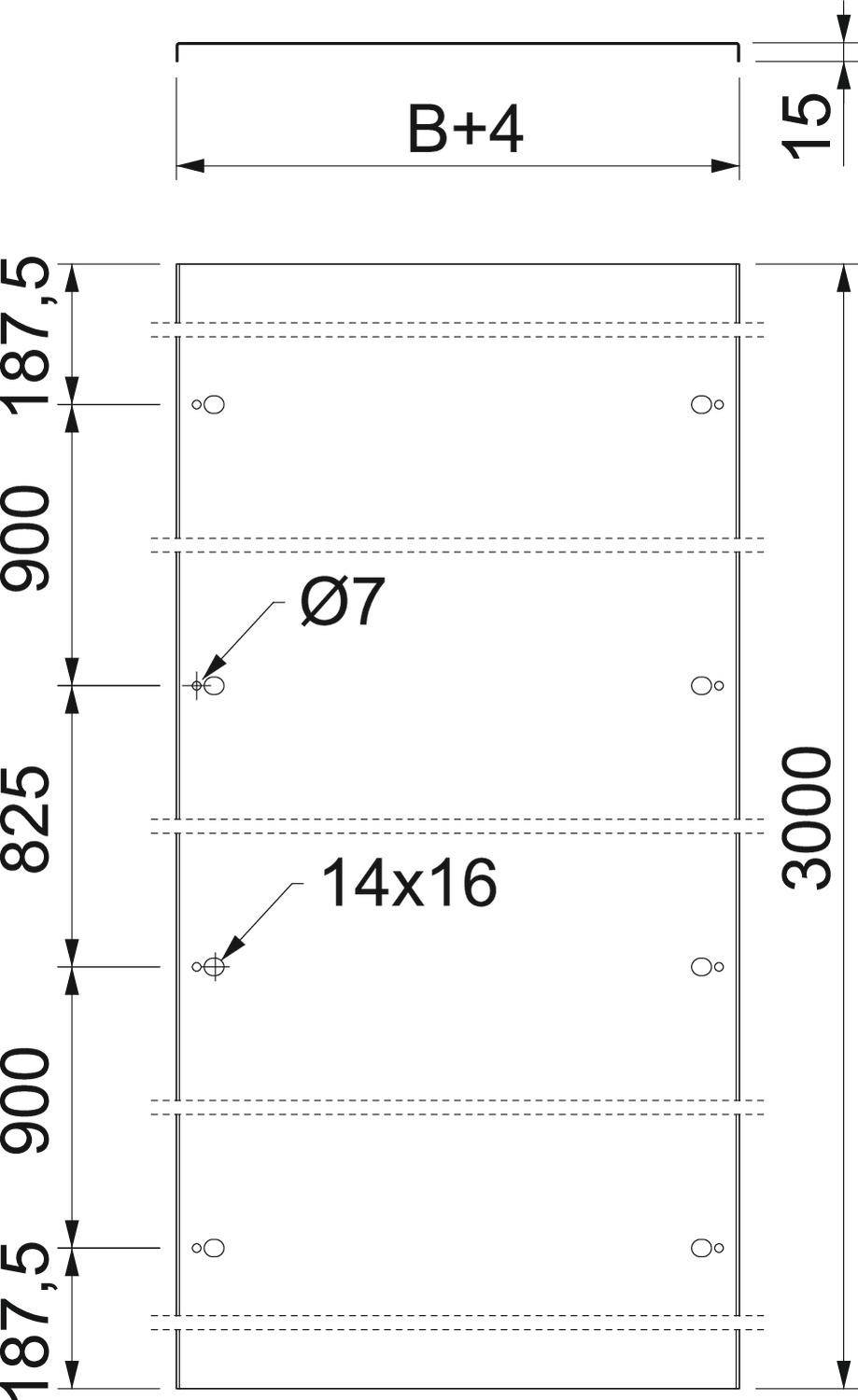 Rysunek techniczny prostokątnego obiektu z otworami. Wymiary: szerokość 'B+4', wysokość '3000'. Oznaczenia: 'Ø7' i '14x16'.