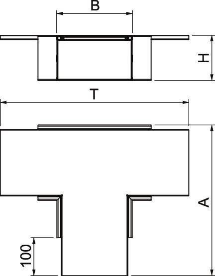 Rysunek techniczny profilu teowego z podanymi wymiarami: szerokość (B), wysokość (H), głębokość (T) oraz wysokość dolnej części (A) z wartością 100.