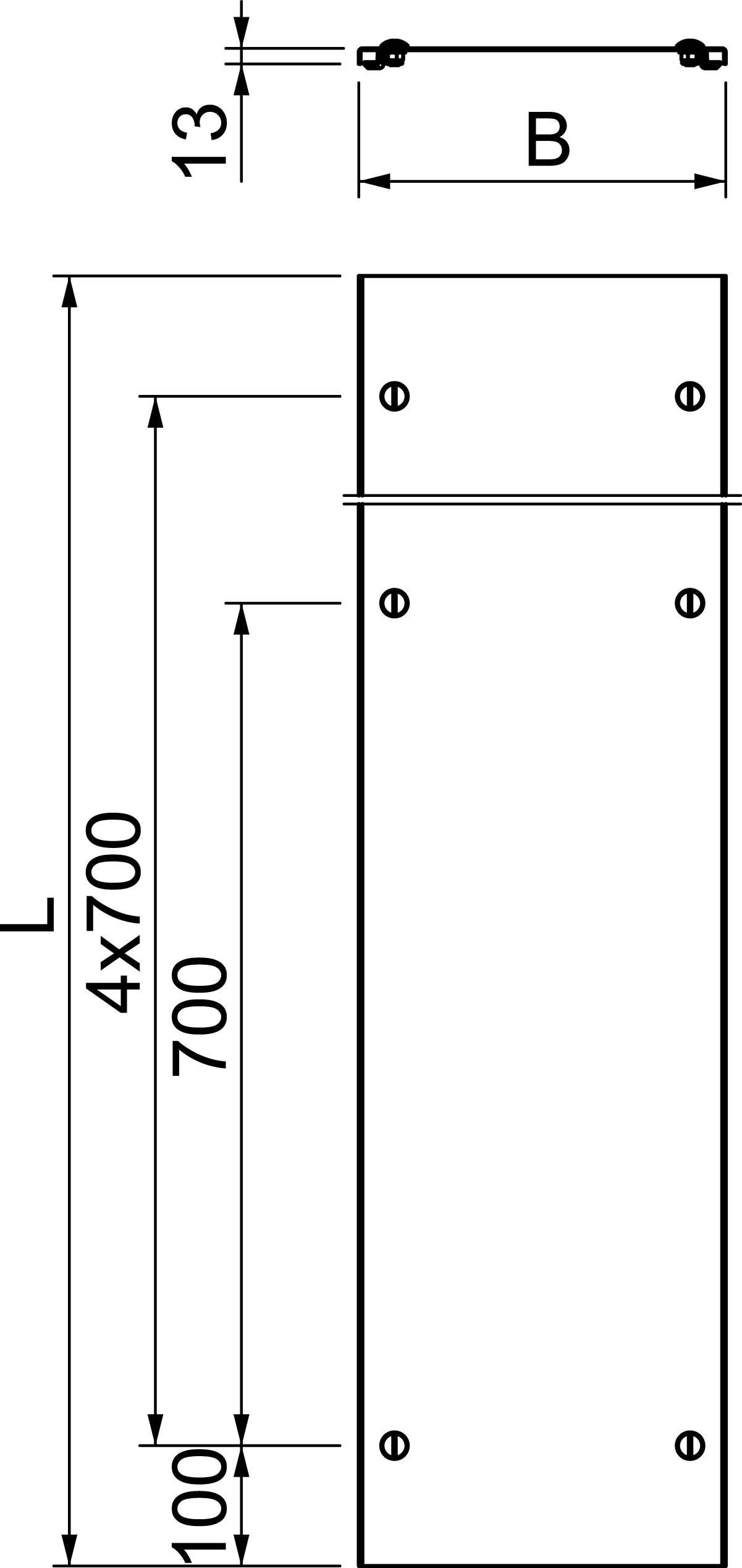 Diagram przedstawia prostokątną płytę metalową o wymiarach: wysokość 'L', szerokość 'B'. Pozycje śrub są zaznaczone, odległości pionowe między nimi wynoszą 700 mm.