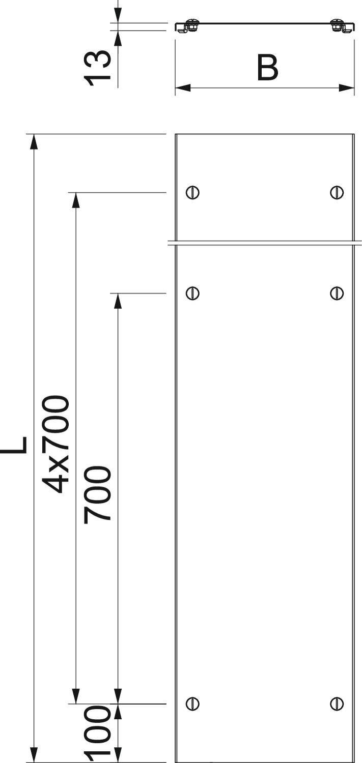 Rysunek techniczny prostokątnego profilu metalowego z wymiarami: długość (L) zmienna, cztery odcinki po 700 mm, jeden odcinek o długości 100 mm, szerokość (B) zmienna, odstęp 13 mm.