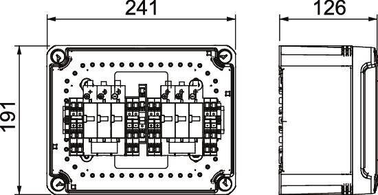 Rysunek techniczny prostokątnego urządzenia o wymiarach 241 mm x 191 mm x 126 mm, przedstawiający komponenty wewnętrzne oraz punkty montażowe.