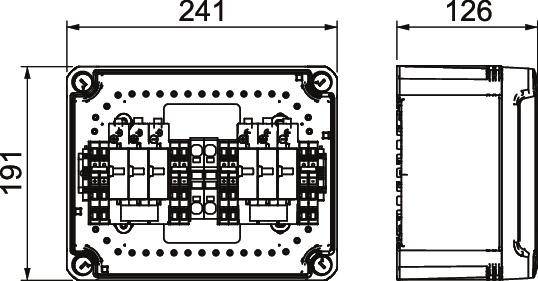 Rysunek techniczny prostokątnego urządzenia o wymiarach: 241 x 191 x 126 mm. Przedstawia widok wewnętrzny z obwodami elektronicznymi.